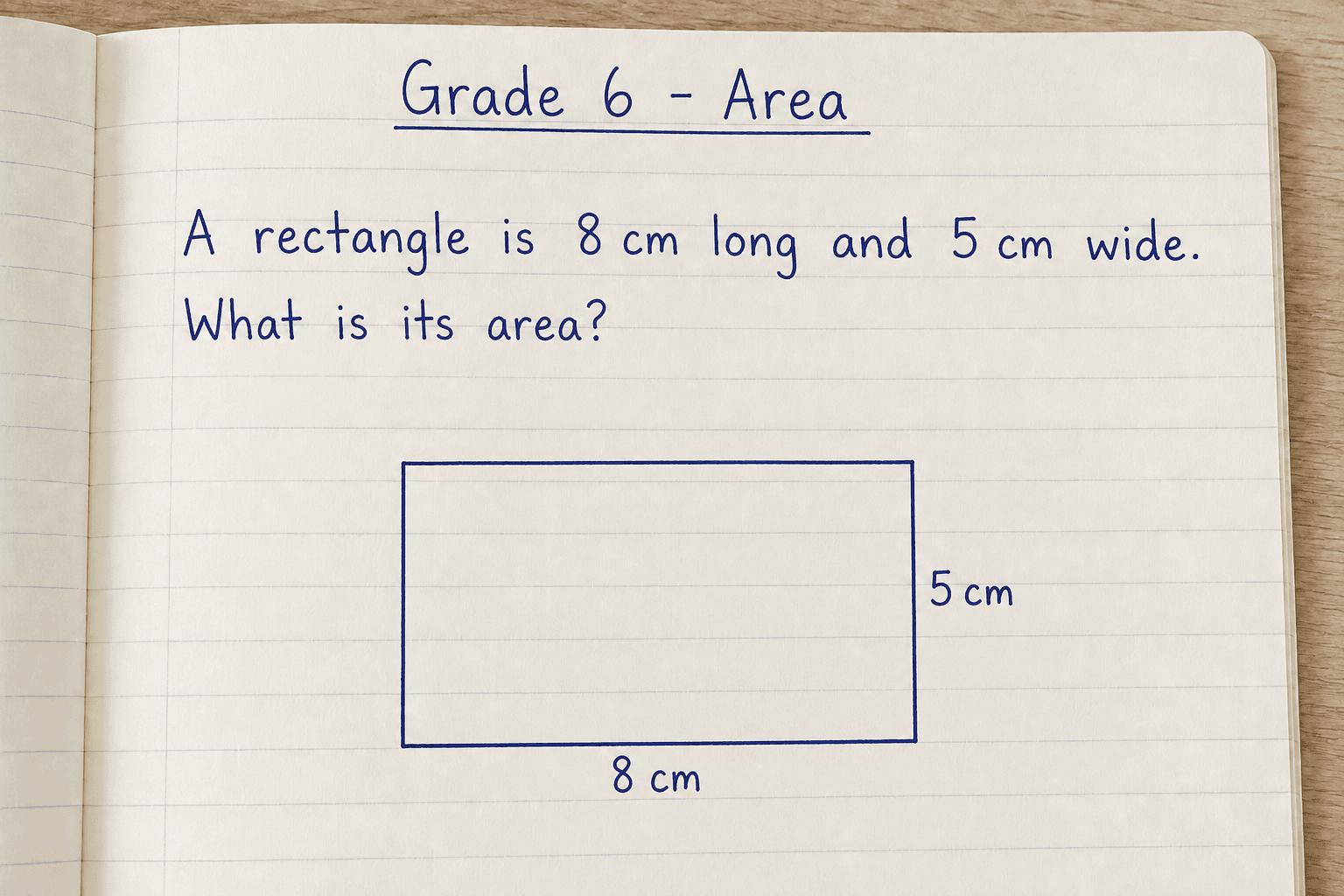 A rectangle is 8 cm long and 5 cm wide. What is its area?