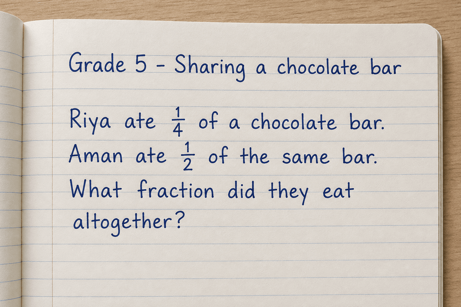 Riya ate 1/4 of a chocolate bar. Aman ate 1/2 of the same bar. What fraction did they eat altogether?