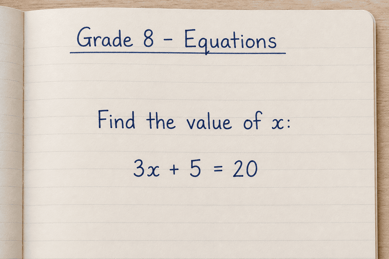 Find the value of x: 3x + 5 = 20.