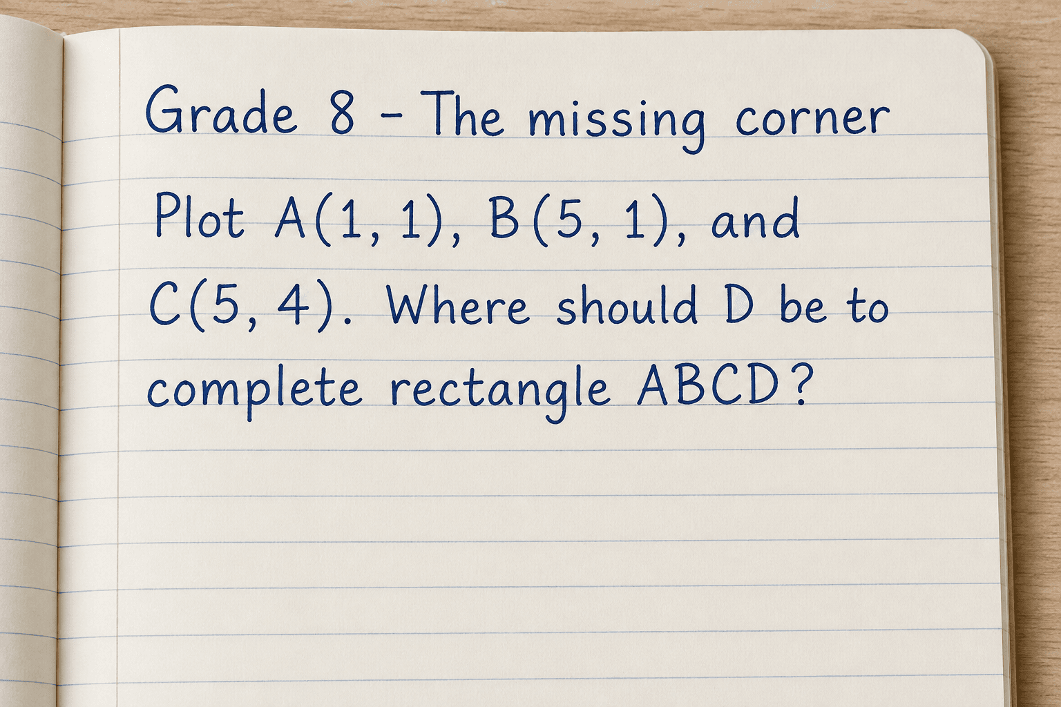 Plot A(1, 1), B(5, 1), and C(5, 4). Where should D be to complete rectangle ABCD?