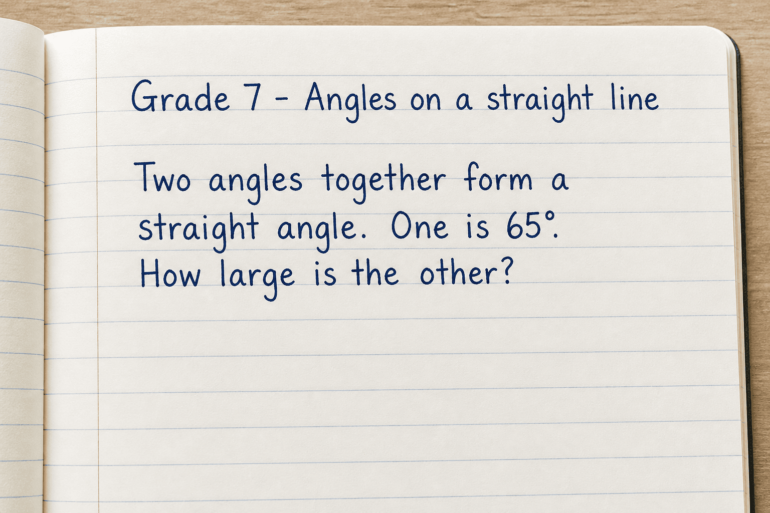 Two angles together form a straight angle. One is 65°. How large is the other?